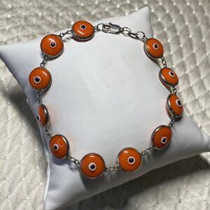 Sterling Silver 925 Evil Eye Bracelet Orange Beads Turkey 8”